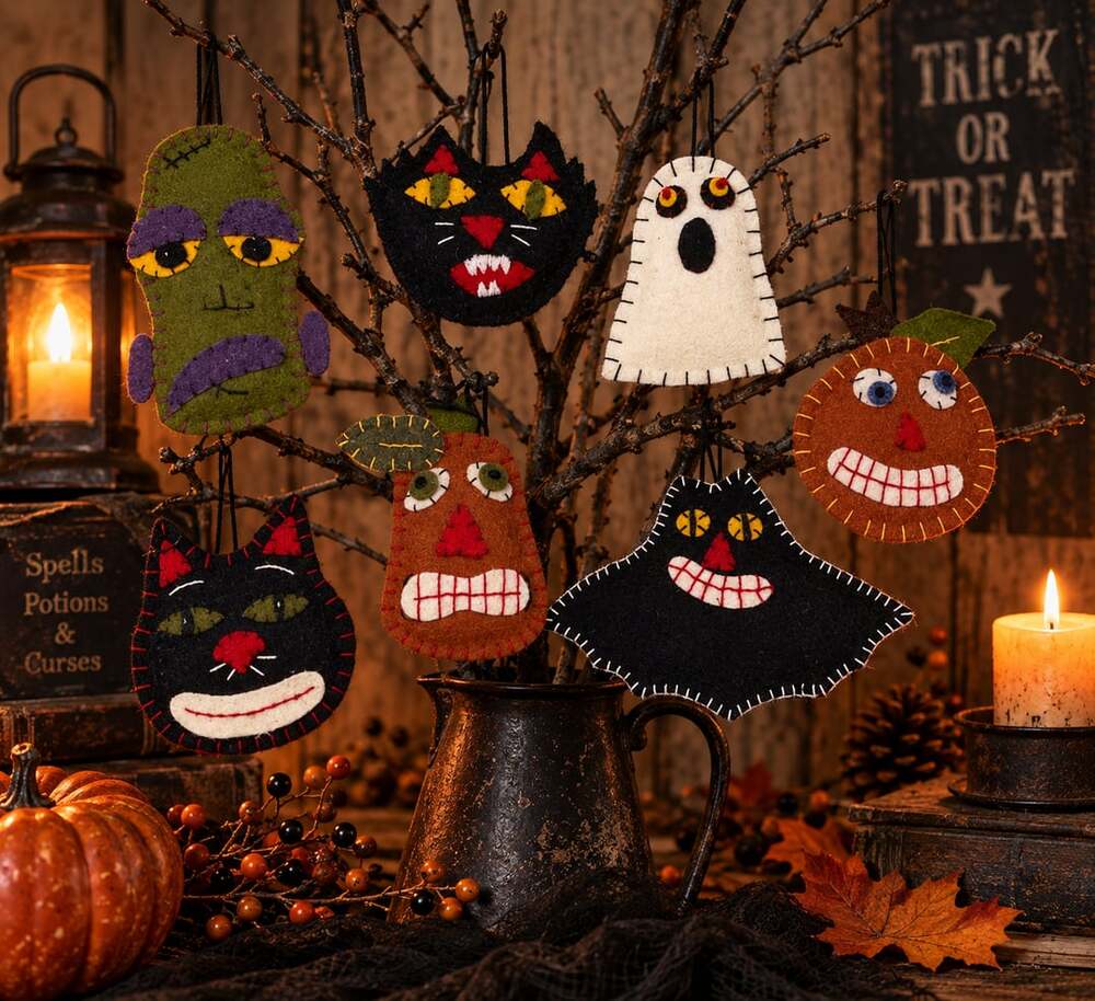 OOAK Primitive Folk Art Halloween Ornaments Black Cat Pumpkin Set Handmade Vtg